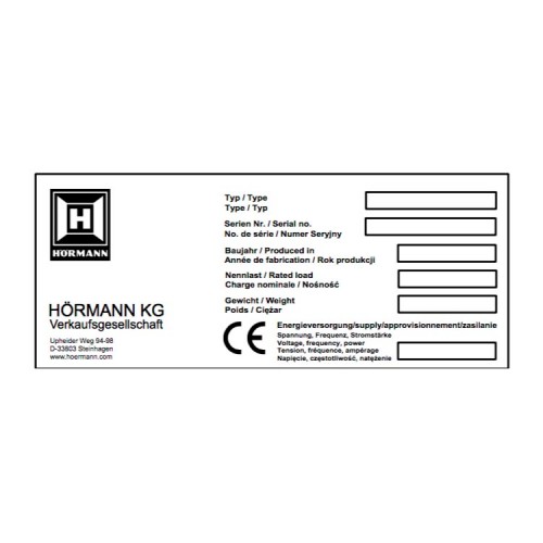 HORMANN 308743 Заводская табличка, заполненная HORMANN 308743 Заводская табличка, заполненная