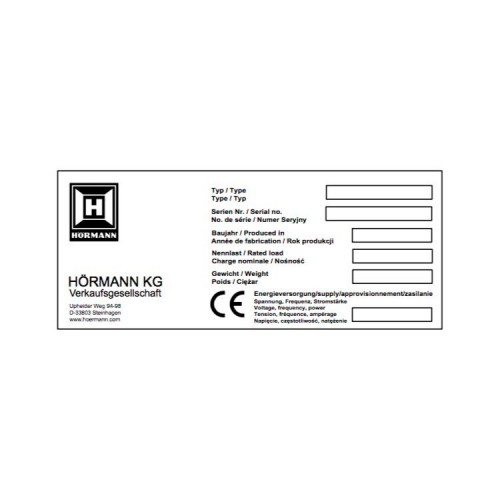 HORMANN 308743 Заводская табличка, заполненная HORMANN 308743 Заводская табличка, заполненная
